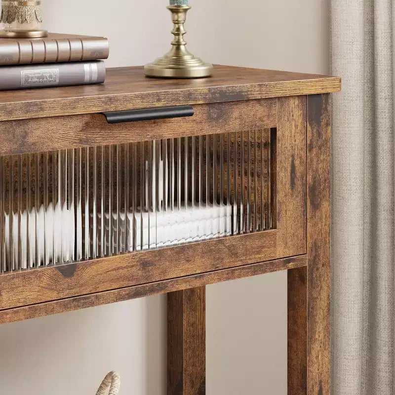 Console étroite rustique à 2 niveaux en bois avec deux tiroirs en verre et étagère de rangement ouverte, table d'appoint de canapé pour entrée, couloir, salon