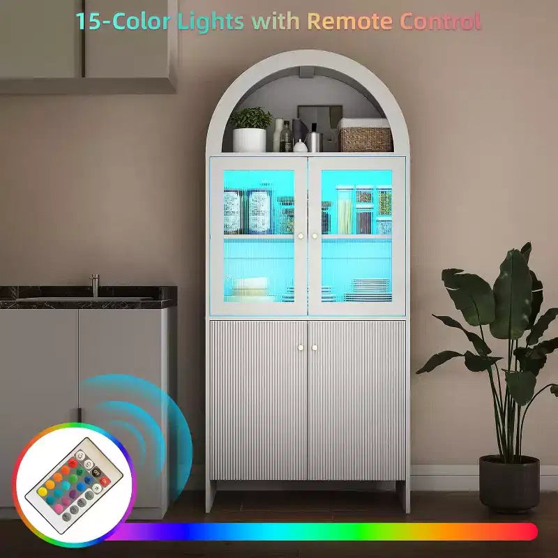 Zevemomo 69 Armoire de rangement haute arquée à 5 niveaux avec lumières pour cuisine, salon, salle à manger, garde-manger, salle de bain blanche