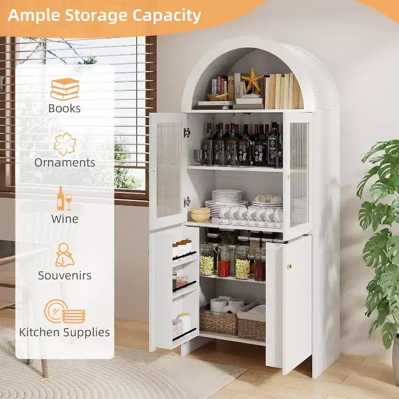 Zevemomo 69 Armoire de rangement haute arquée à 5 niveaux avec lumières pour cuisine, salon, salle à manger, garde-manger, salle de bain blanche