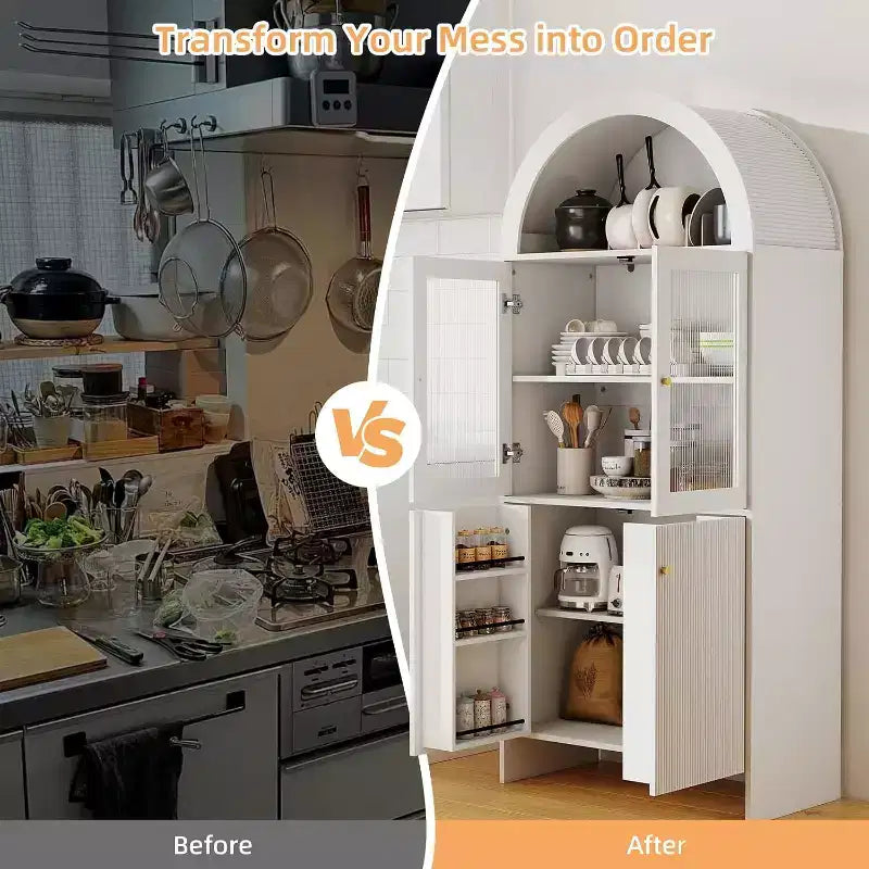 Zevemomo 69 Armoire de rangement haute arquée à 5 niveaux avec lumières pour cuisine, salon, salle à manger, garde-manger, salle de bain blanche