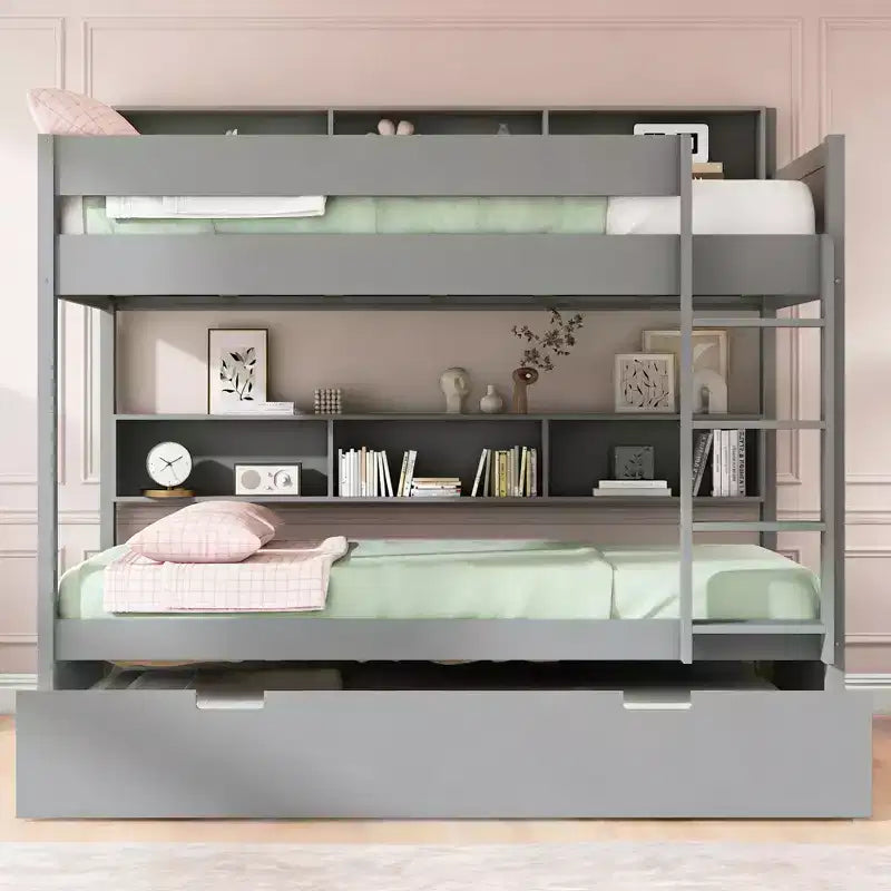 Luxystar Modern Full over Full Bunk Bed with Shelves and Trundle