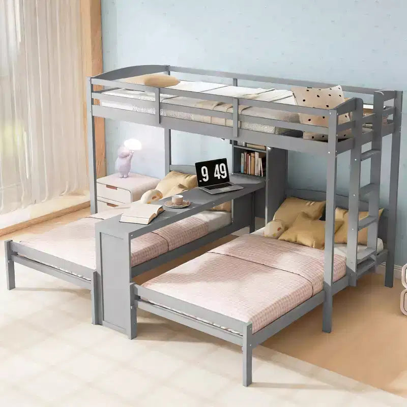 Luxystar Lit superposé double sur double avec bureau intégré, bibliothèque et lumières