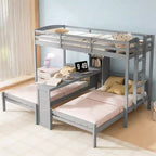 Luxystar Lit superposé double sur double avec bureau intégré, bibliothèque et lumières