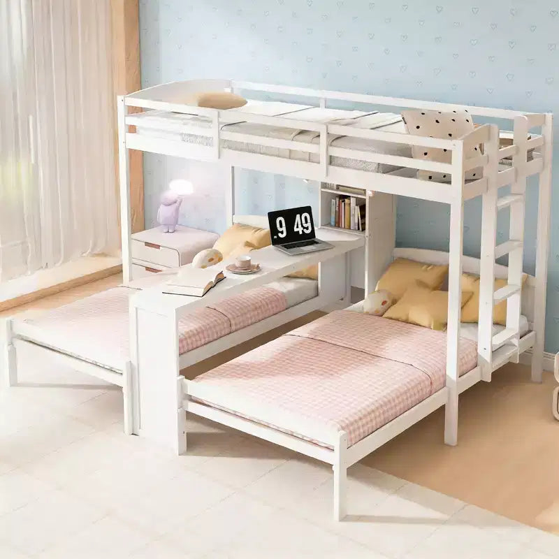 Luxystar Lit superposé double sur double avec bureau intégré, bibliothèque et lumières