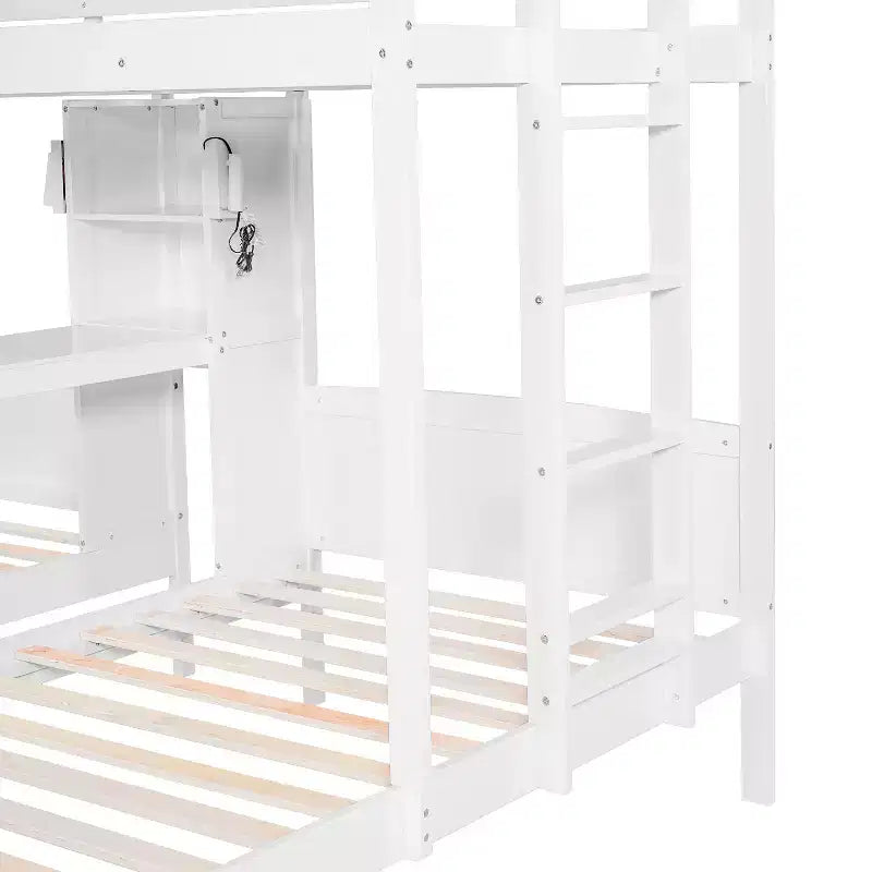Luxystar Lit superposé double sur double avec bureau intégré, bibliothèque et lumières