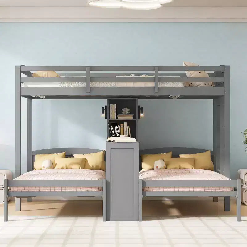 Luxystar Twin over Twin and Twin Bunk Bed with Built-in Desk, Bookcase and Lights