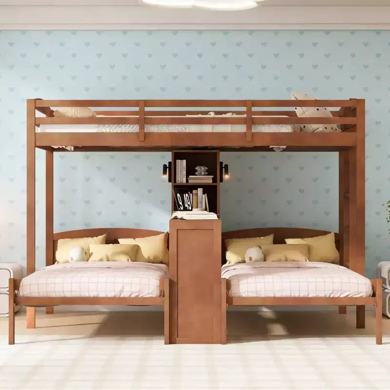 Luxystar Lit superposé double sur double avec bureau intégré, bibliothèque et lumières