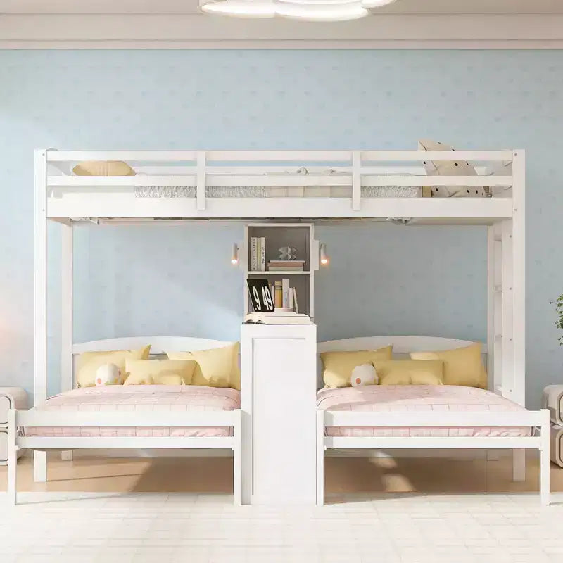 Luxystar Lit superposé double sur double avec bureau intégré, bibliothèque et lumières