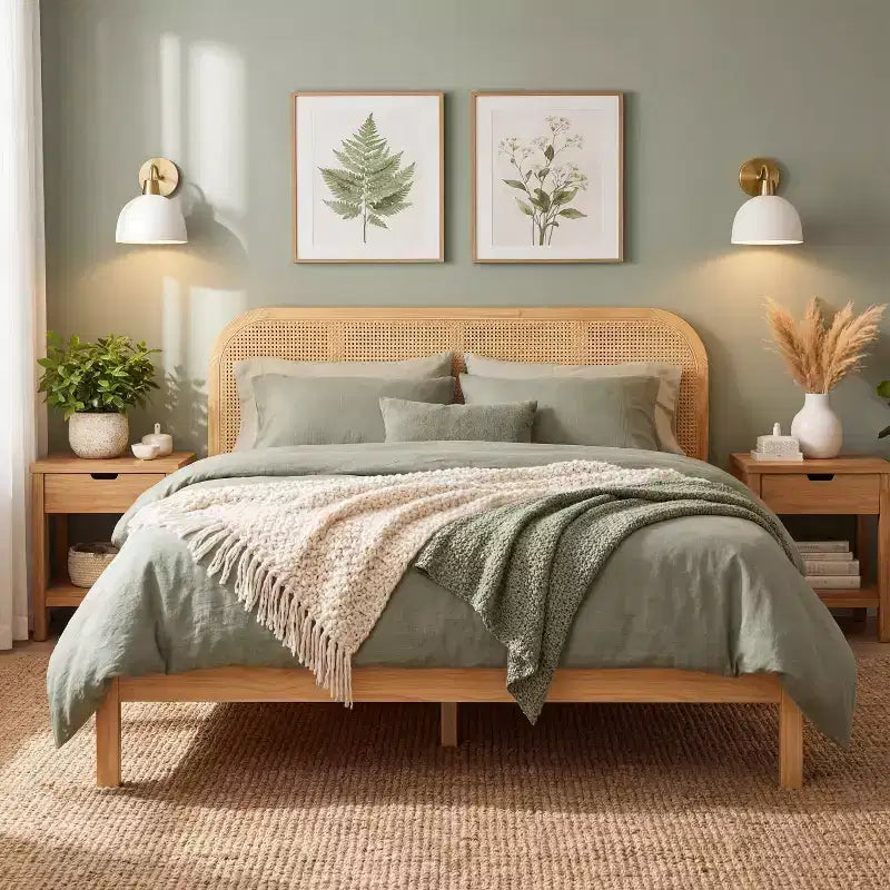 Christopher Knight Home Callahan Modern Boho Wood Platform Bed Frame with Rattan Headboard