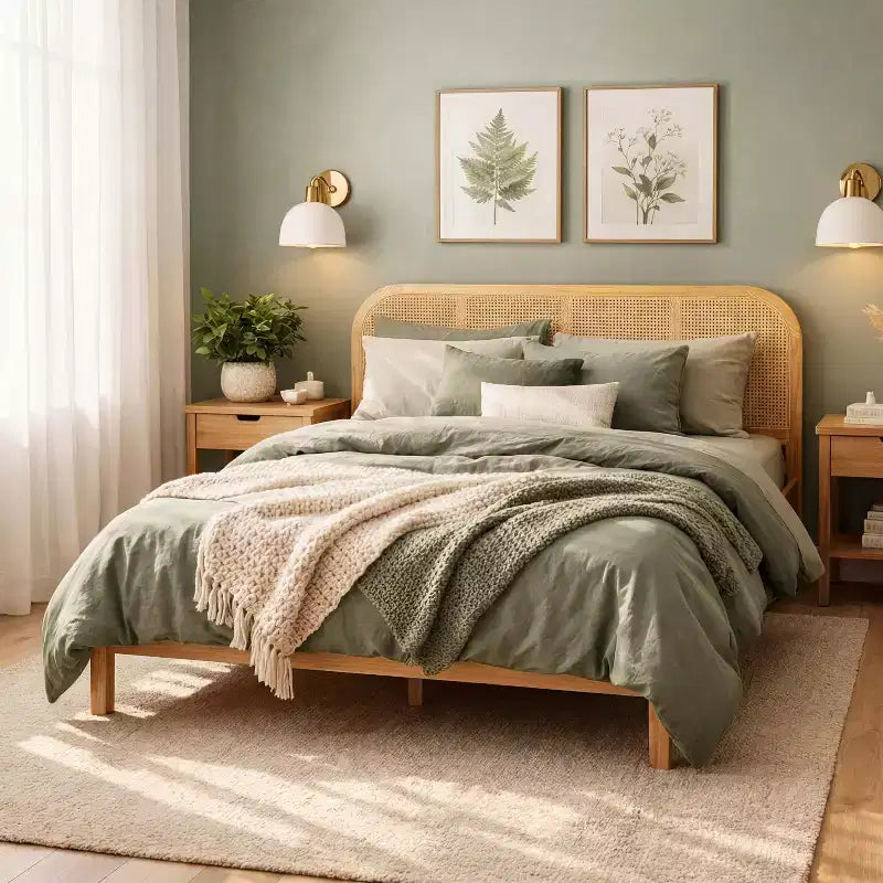 Cadre de lit plateforme en bois au design moderne et bohème, avec tête de lit en rotin, par Christopher Knight Home Callahan