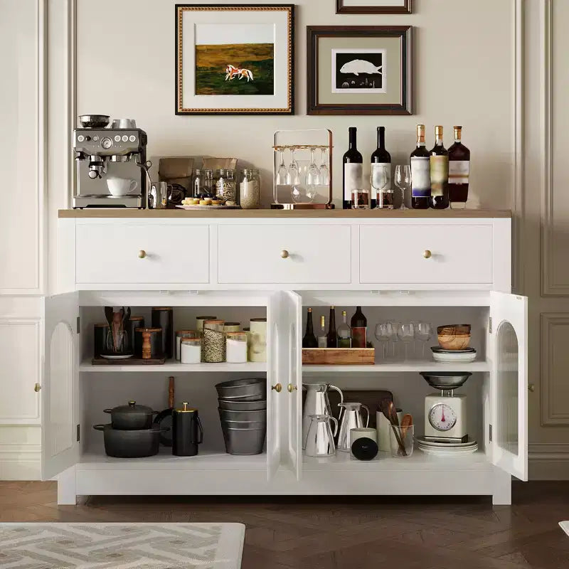 Bahut de ferme 55'' avec 3 tiroirs et 4 portes, étagères réglables, rangement pour le vin, polyvalent pour la cuisine, la salle à manger ou le salon