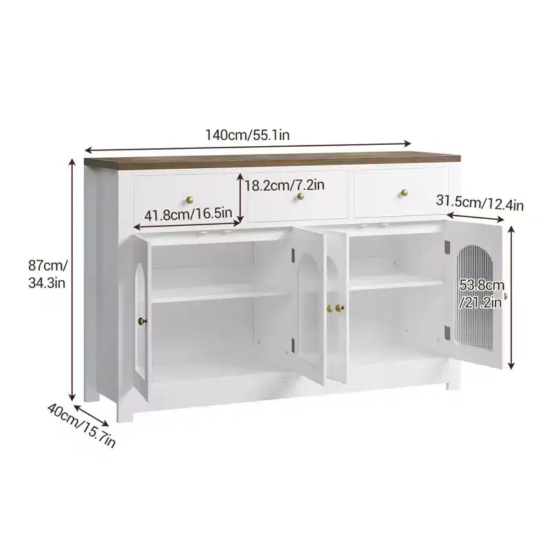 Bahut de ferme 55'' avec 3 tiroirs et 4 portes, étagères réglables, rangement pour le vin, polyvalent pour la cuisine, la salle à manger ou le salon