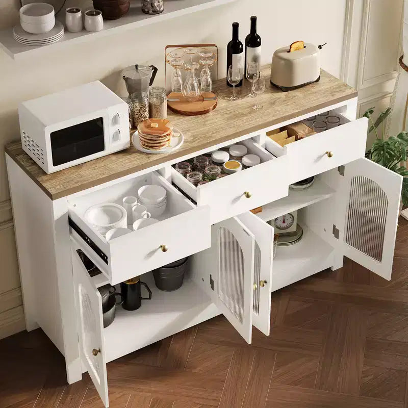 Bahut de ferme 55'' avec 3 tiroirs et 4 portes, étagères réglables, rangement pour le vin, polyvalent pour la cuisine, la salle à manger ou le salon