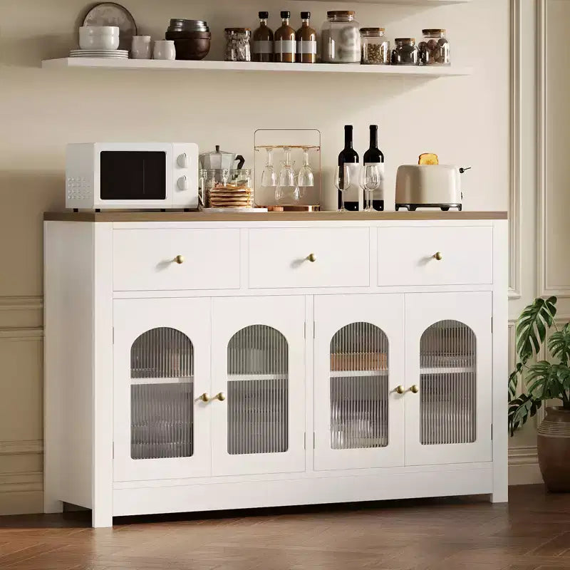 Bahut de ferme 55'' avec 3 tiroirs et 4 portes, étagères réglables, rangement pour le vin, polyvalent pour la cuisine, la salle à manger ou le salon