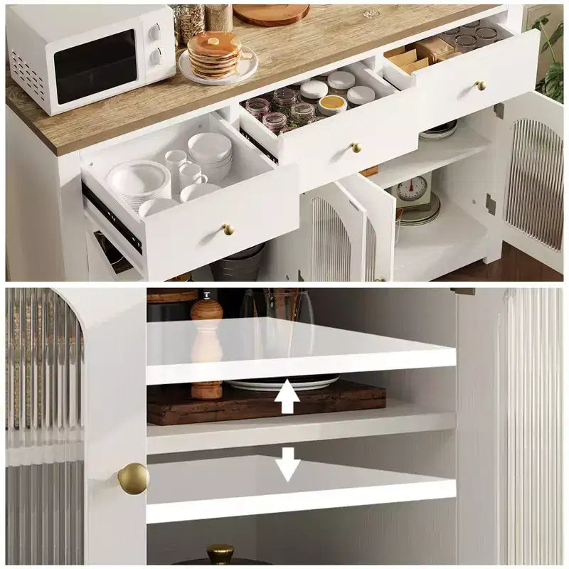Bahut de ferme 55'' avec 3 tiroirs et 4 portes, étagères réglables, rangement pour le vin, polyvalent pour la cuisine, la salle à manger ou le salon
