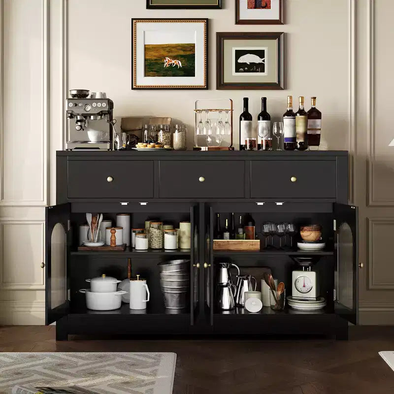 Bahut de ferme 55'' avec 3 tiroirs et 4 portes, étagères réglables, rangement pour le vin, polyvalent pour la cuisine, la salle à manger ou le salon
