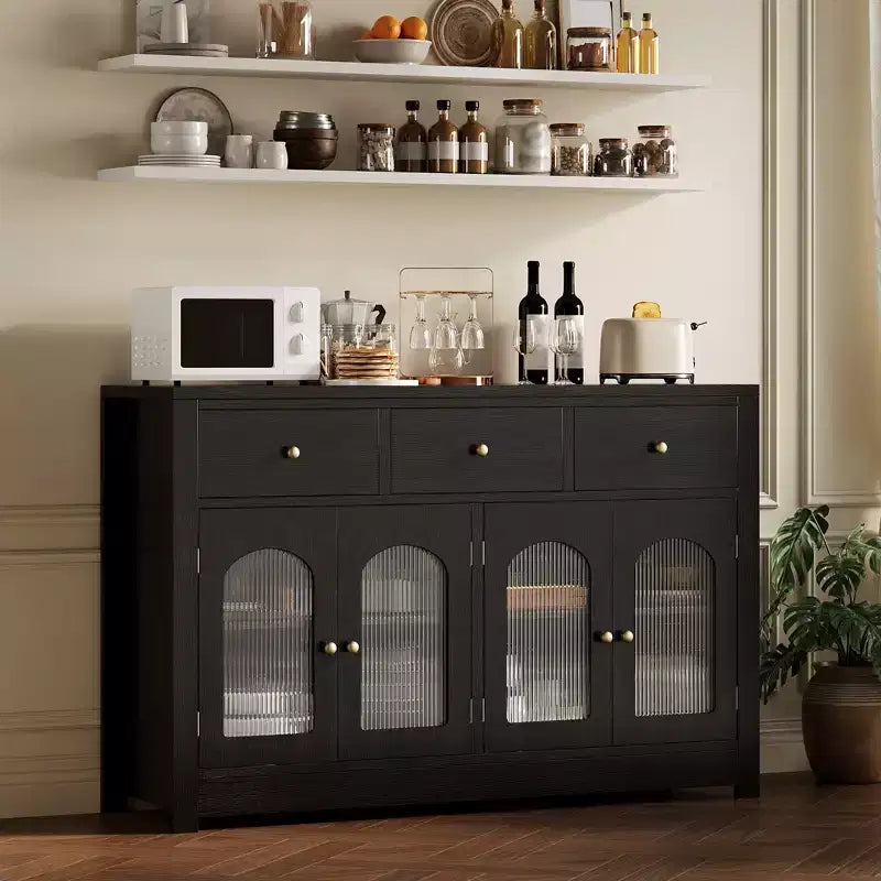 Bahut de ferme 55'' avec 3 tiroirs et 4 portes, étagères réglables, rangement pour le vin, polyvalent pour la cuisine, la salle à manger ou le salon