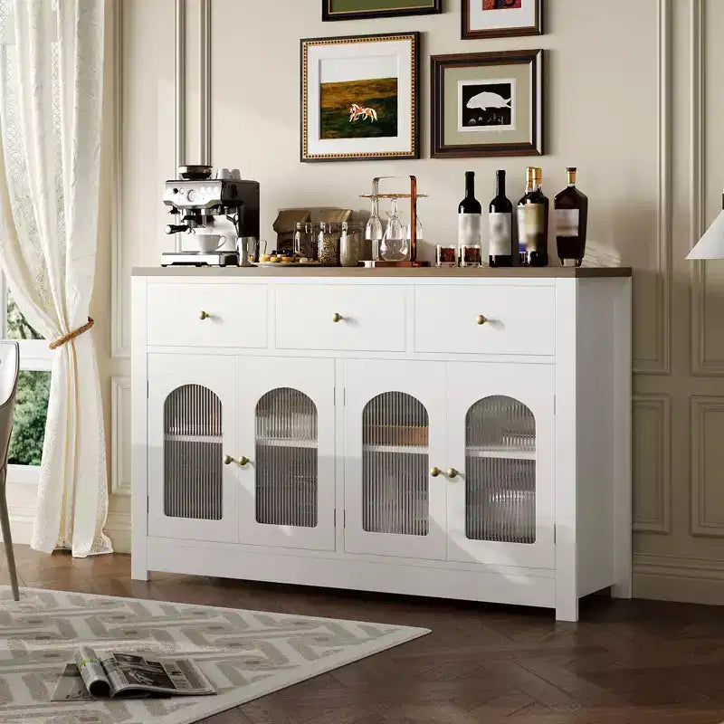 Bahut de ferme 55'' avec 3 tiroirs et 4 portes, étagères réglables, rangement pour le vin, polyvalent pour la cuisine, la salle à manger ou le salon