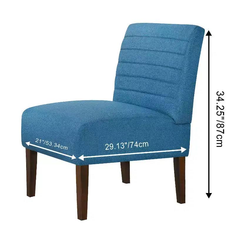 Fauteuil d'appoint moderne sans accoudoirs, chaise longue avec revêtement capitonné et pieds en bois, dossier horizontal pour salon, chambre, coiffeuse et patio, bleu