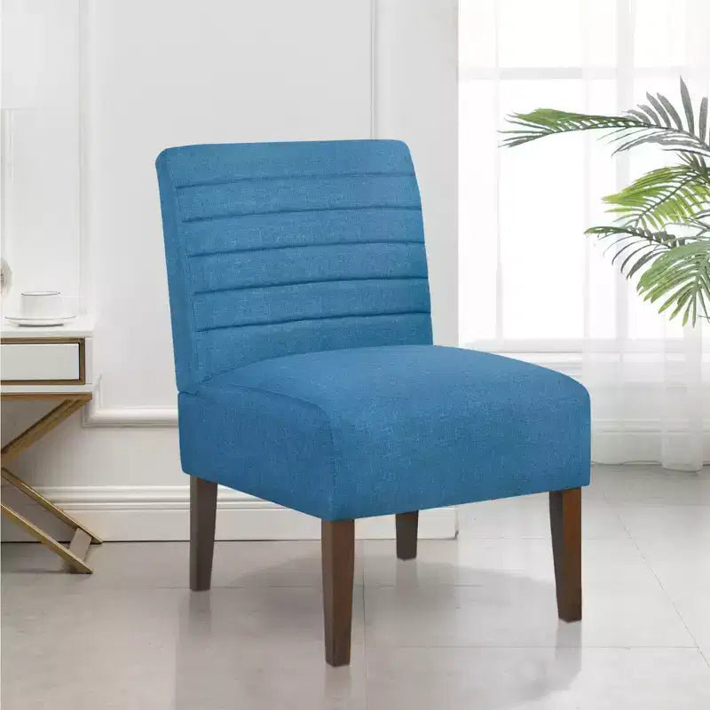 Fauteuil d'appoint moderne sans accoudoirs, chaise longue avec revêtement capitonné et pieds en bois, dossier horizontal pour salon, chambre, coiffeuse et patio, bleu