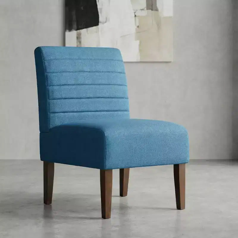 Fauteuil d'appoint moderne sans accoudoirs, chaise longue avec revêtement capitonné et pieds en bois, dossier horizontal pour salon, chambre, coiffeuse et patio, bleu