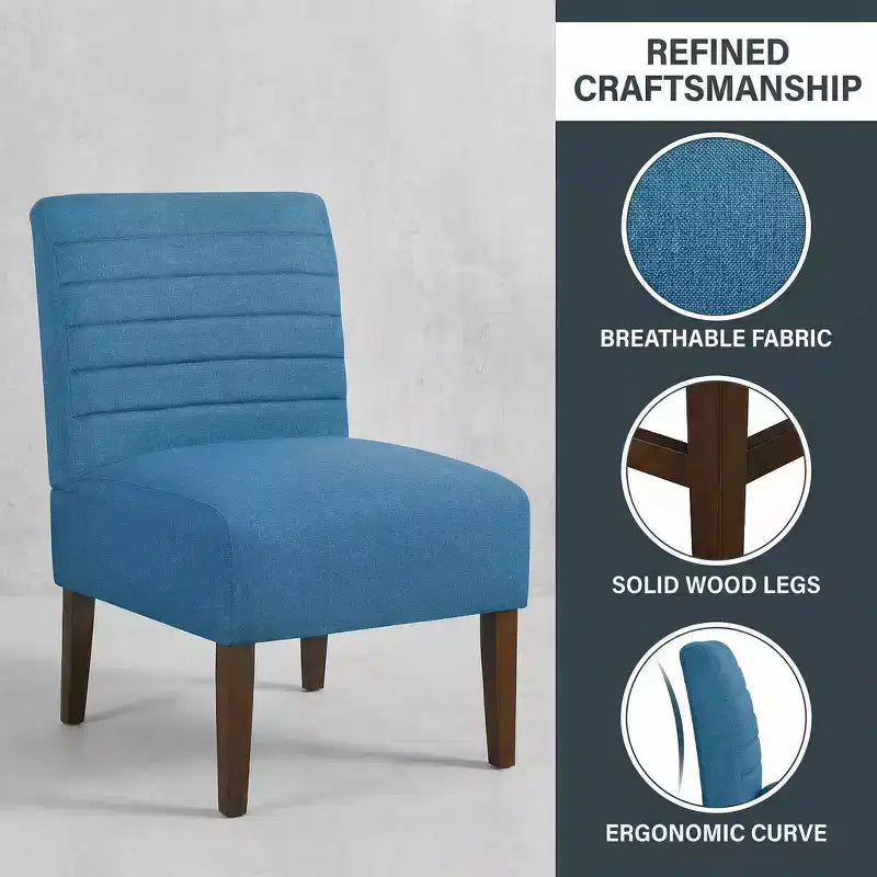 Fauteuil d'appoint moderne sans accoudoirs, chaise longue avec revêtement capitonné et pieds en bois, dossier horizontal pour salon, chambre, coiffeuse et patio, bleu