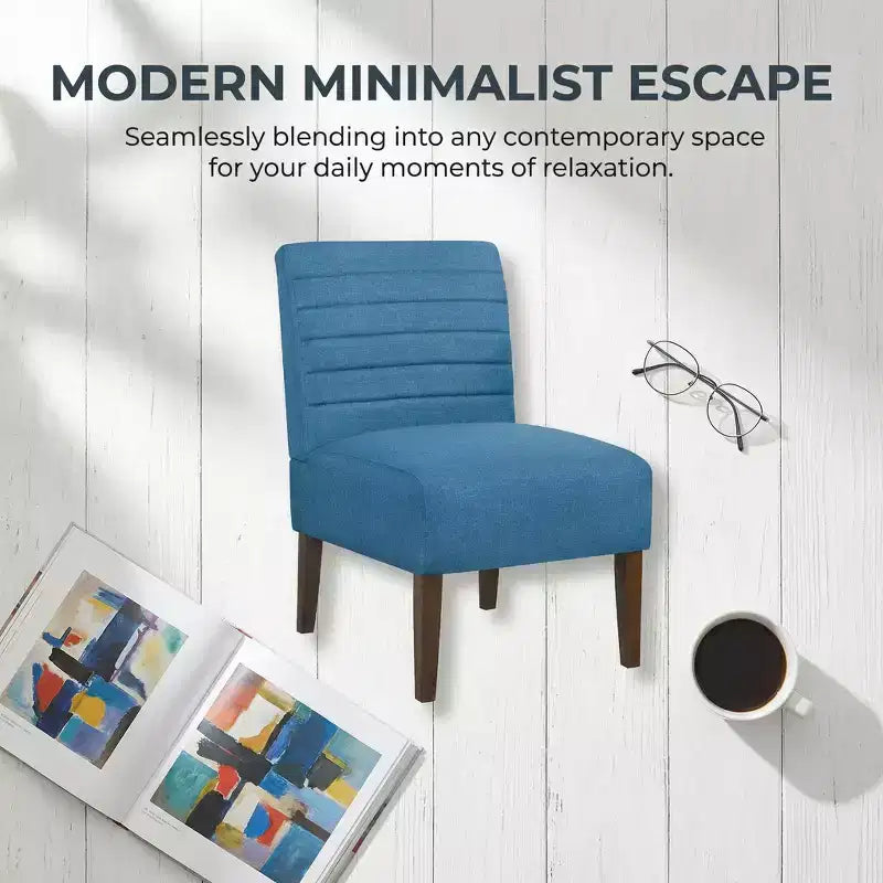 Fauteuil d'appoint moderne sans accoudoirs, chaise longue avec revêtement capitonné et pieds en bois, dossier horizontal pour salon, chambre, coiffeuse et patio, bleu