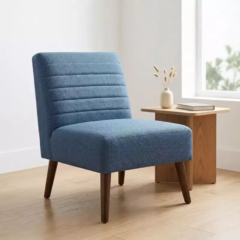 Fauteuil d'appoint moderne sans accoudoirs, chaise longue avec revêtement capitonné et pieds en bois, dossier horizontal pour salon, chambre, coiffeuse et patio, bleu