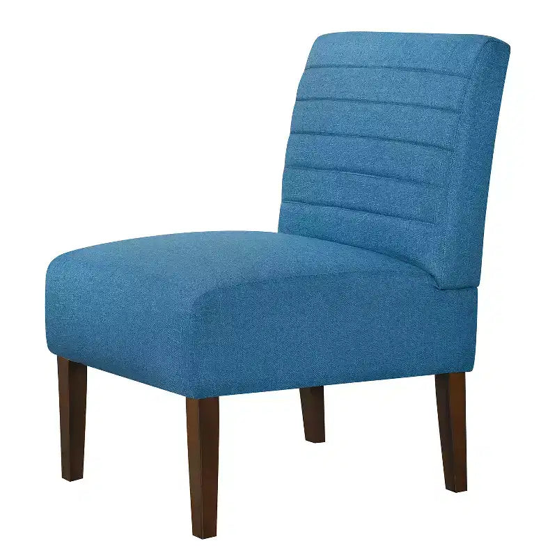 Fauteuil d'appoint moderne sans accoudoirs, chaise longue avec revêtement capitonné et pieds en bois, dossier horizontal pour salon, chambre, coiffeuse et patio, bleu