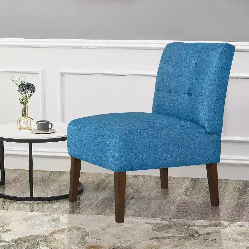 Fauteuil d'appoint moderne sans accoudoirs, chaise longue avec revêtement capitonné et pieds en bois, dossier horizontal pour salon, chambre, coiffeuse et patio, bleu