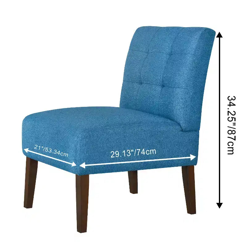 Fauteuil d'appoint moderne sans accoudoirs, chaise longue avec revêtement capitonné et pieds en bois, dossier horizontal pour salon, chambre, coiffeuse et patio, bleu