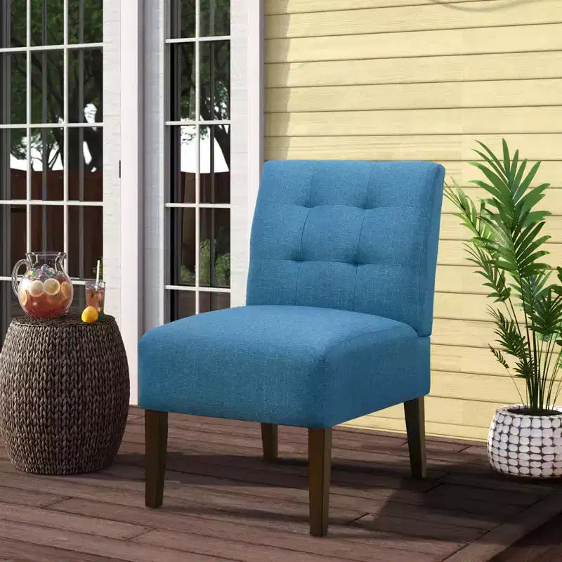 Fauteuil d'appoint moderne sans accoudoirs, chaise longue avec revêtement capitonné et pieds en bois, dossier horizontal pour salon, chambre, coiffeuse et patio, bleu