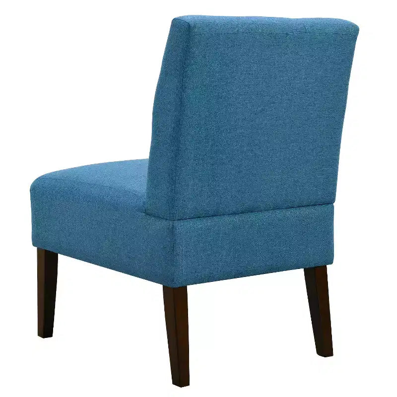 Fauteuil d'appoint moderne sans accoudoirs, chaise longue avec revêtement capitonné et pieds en bois, dossier horizontal pour salon, chambre, coiffeuse et patio, bleu