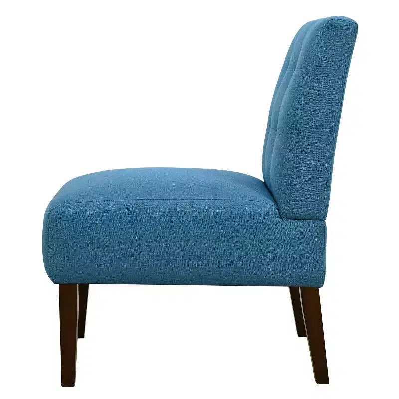 Fauteuil d'appoint moderne sans accoudoirs, chaise longue avec revêtement capitonné et pieds en bois, dossier horizontal pour salon, chambre, coiffeuse et patio, bleu