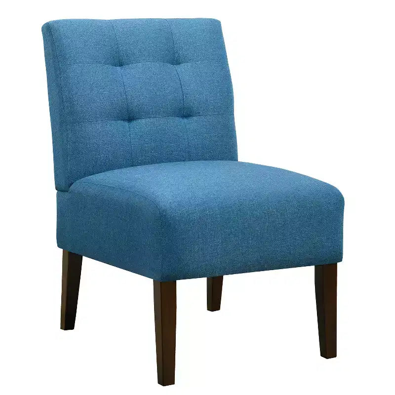 Fauteuil d'appoint moderne sans accoudoirs, chaise longue avec revêtement capitonné et pieds en bois, dossier horizontal pour salon, chambre, coiffeuse et patio, bleu