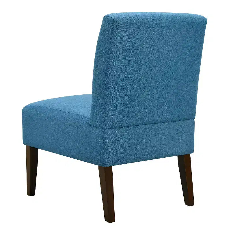 Fauteuil d'appoint moderne sans accoudoirs, chaise longue avec revêtement capitonné et pieds en bois, dossier horizontal pour salon, chambre, coiffeuse et patio, bleu