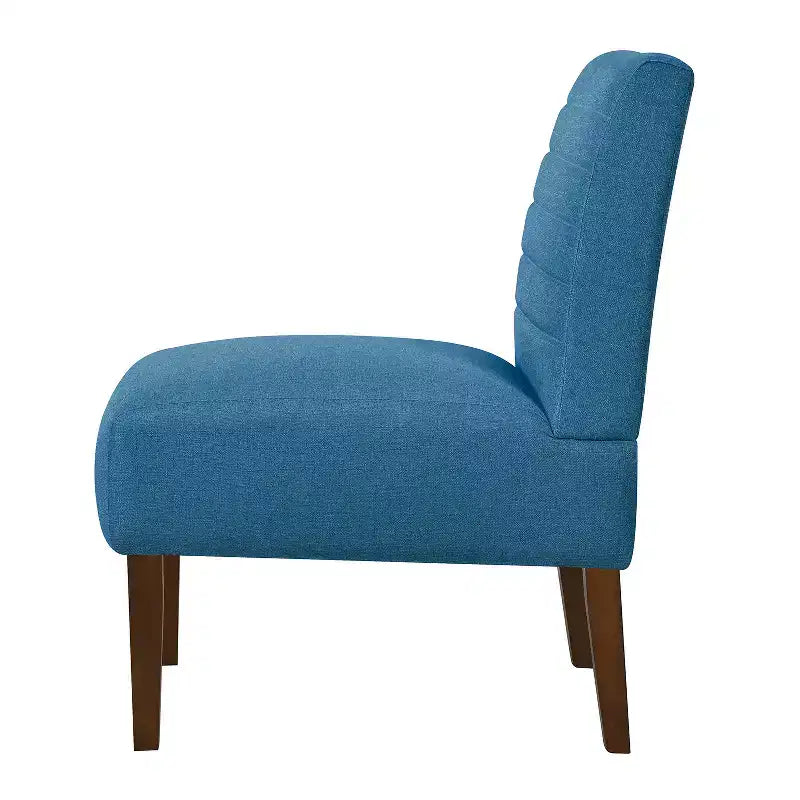 Fauteuil d'appoint moderne sans accoudoirs, chaise longue avec revêtement capitonné et pieds en bois, dossier horizontal pour salon, chambre, coiffeuse et patio, bleu