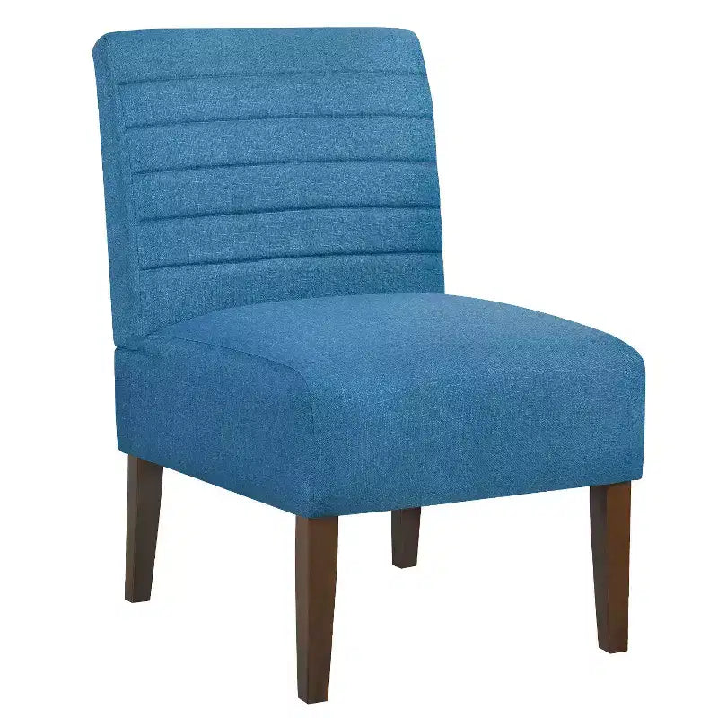 Fauteuil d'appoint moderne sans accoudoirs, chaise longue avec revêtement capitonné et pieds en bois, dossier horizontal pour salon, chambre, coiffeuse et patio, bleu