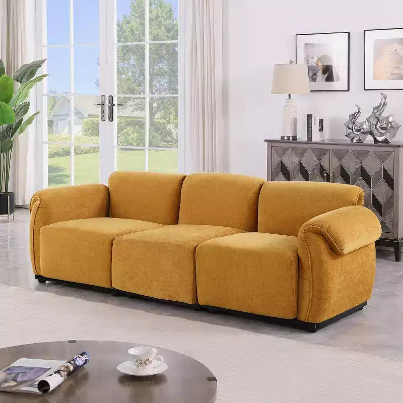 GDFStudio Khalid Canapé modulable moderne à 3 places en bois et fer, rembourré en chenille, avec dossier fendu