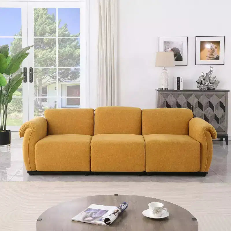 GDFStudio Khalid Canapé modulable moderne à 3 places en bois et fer, rembourré en chenille, avec dossier fendu