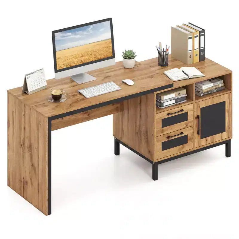Bureau de direction Costway 71 avec compartiments ouverts, tiroirs de rangement et armoire à porte simple, couleur naturelle