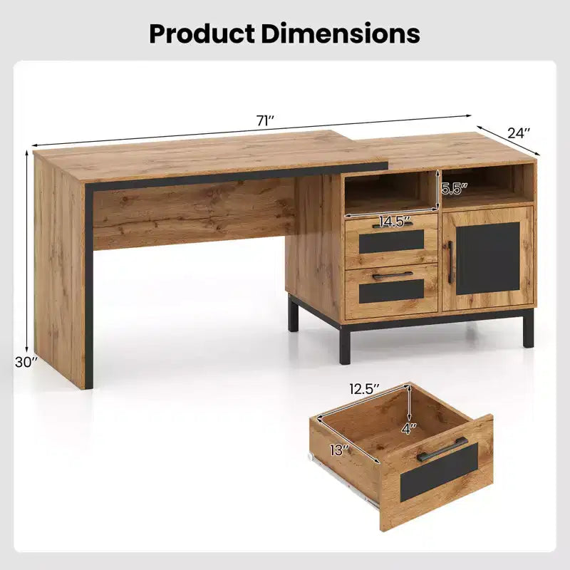 Bureau de direction Costway 71 avec compartiments ouverts, tiroirs de rangement et armoire à porte simple, couleur naturelle