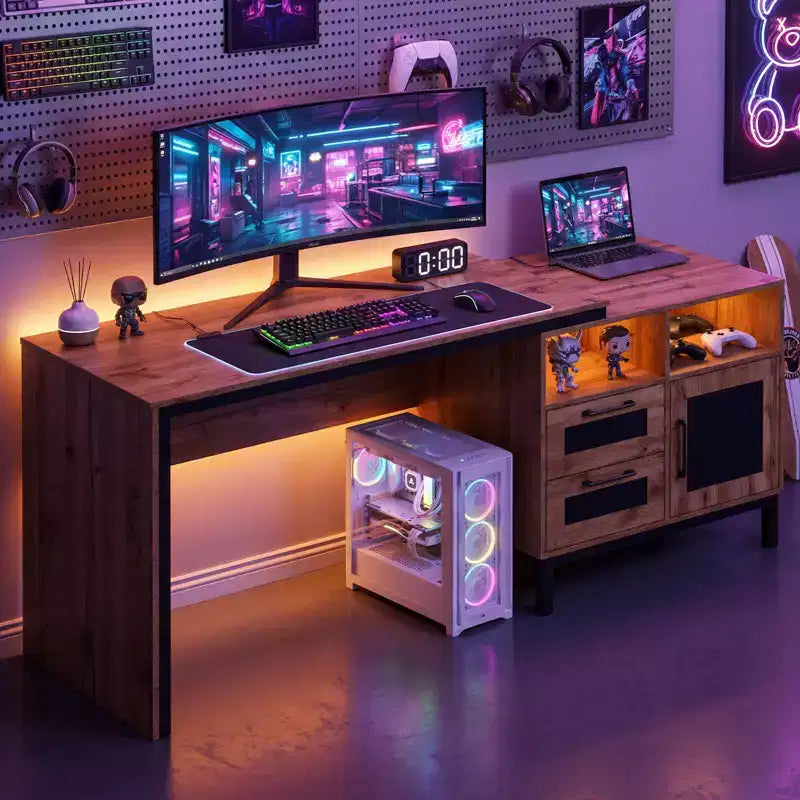 Bureau de direction Costway 71 avec compartiments ouverts, tiroirs de rangement et armoire à porte simple, couleur naturelle