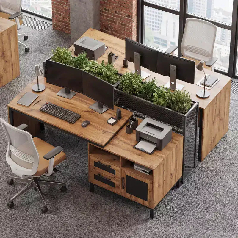 Bureau de direction Costway 71 avec compartiments ouverts, tiroirs de rangement et armoire à porte simple, couleur naturelle