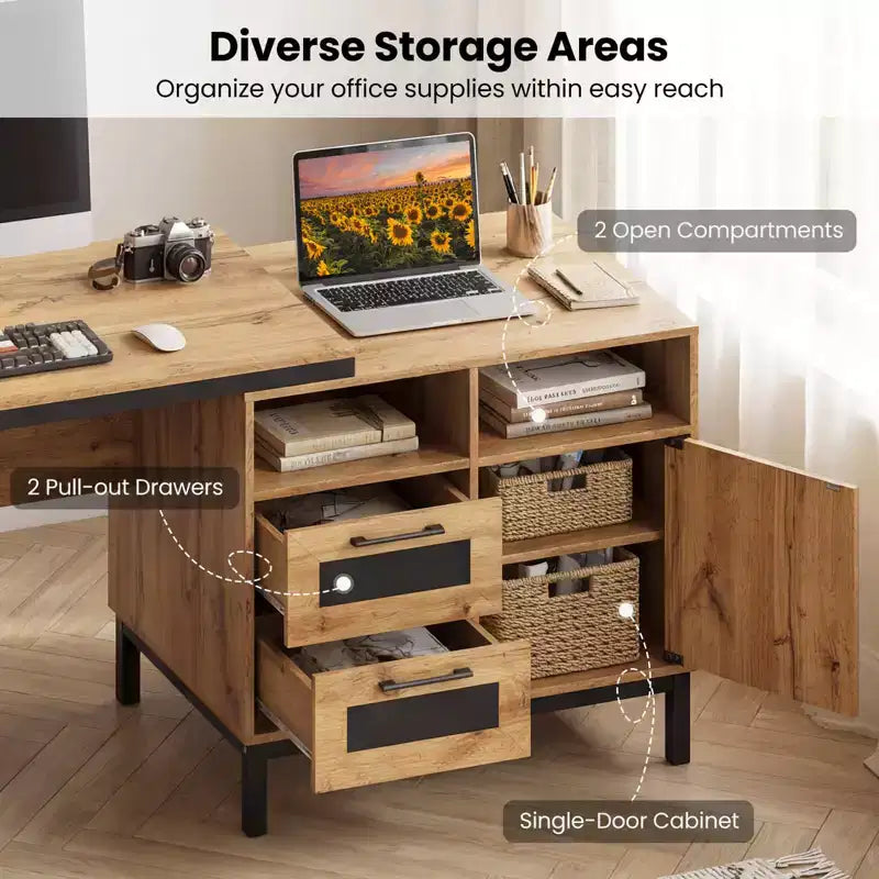Bureau de direction Costway 71 avec compartiments ouverts, tiroirs de rangement et armoire à porte simple, couleur naturelle
