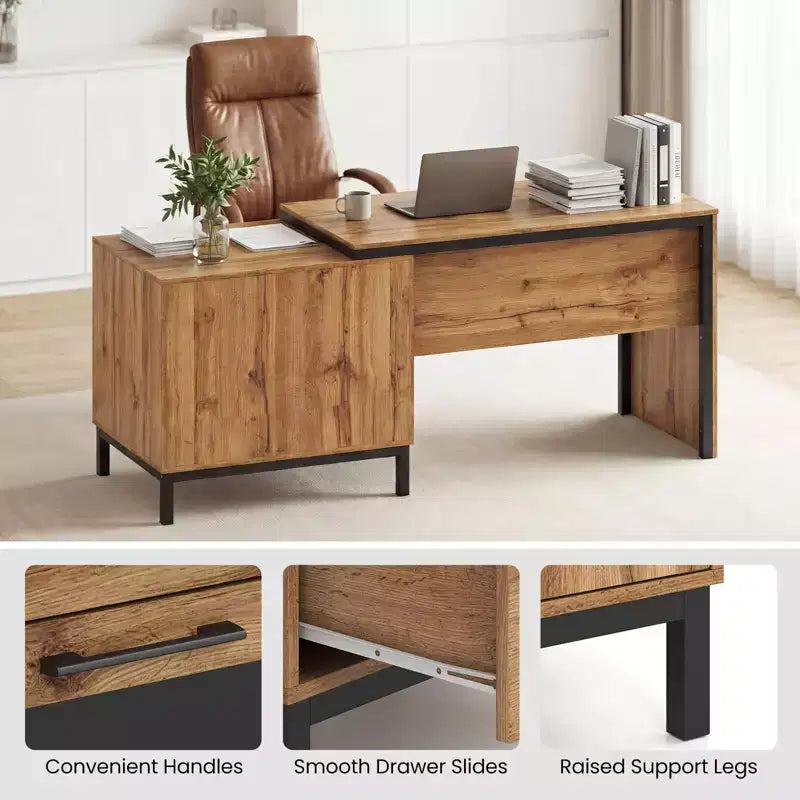 Bureau de direction Costway 71 avec compartiments ouverts, tiroirs de rangement et armoire à porte simple, couleur naturelle