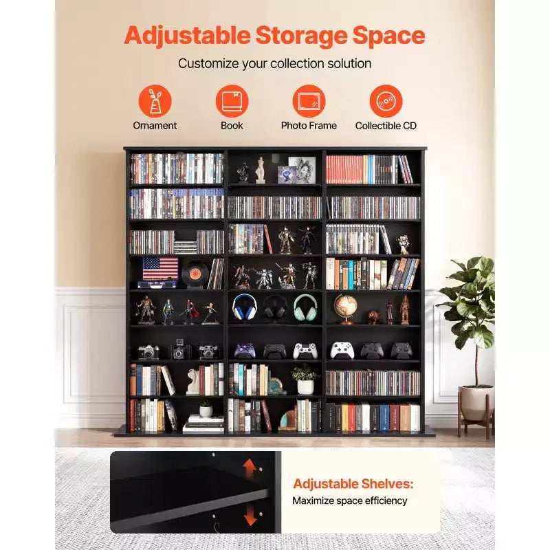 Meuble de rangement pour médias VEVOR, étagère DVD à 8 niveaux, organisateur de rangement multimédia 142 x 22 x 130 cm pour CD, DVD, livres et jeux, noir