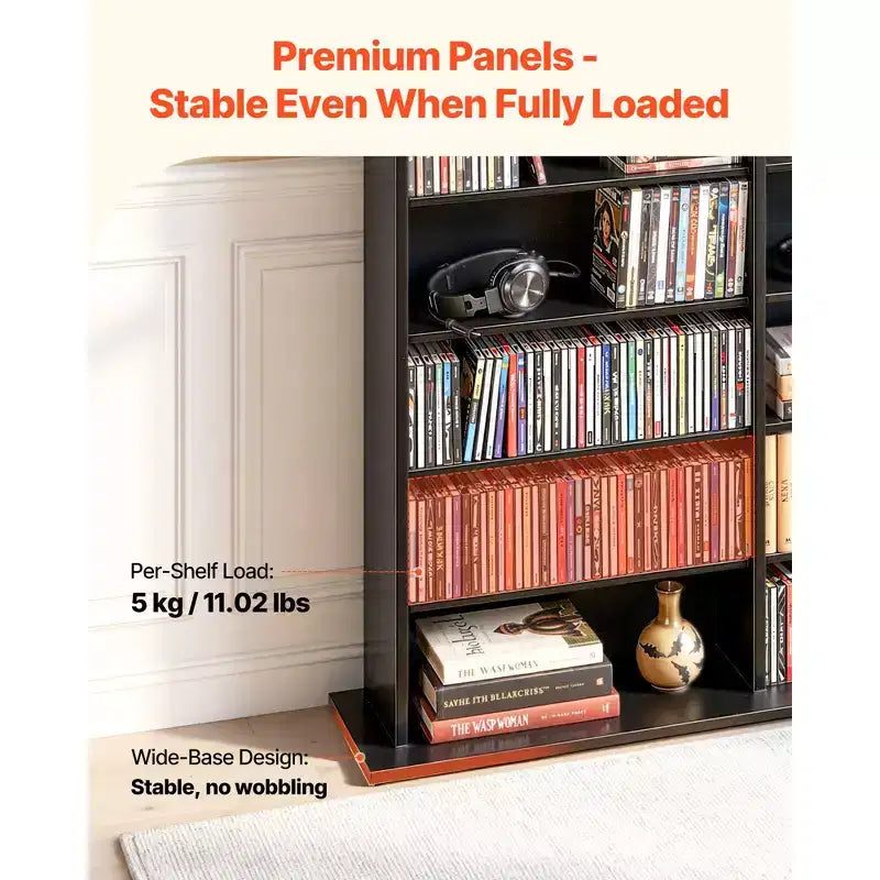 Meuble de rangement pour médias VEVOR, étagère DVD à 8 niveaux, organisateur de rangement multimédia 142 x 22 x 130 cm pour CD, DVD, livres et jeux, noir