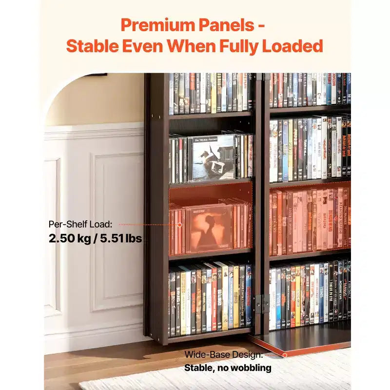 Meuble de rangement multimédia VEVOR, étagère à DVD 4 niveaux, organisateur de rangement multimédia de 61 x 36,8 x 84,6 cm pour CD, DVD, livres, jeux, marron