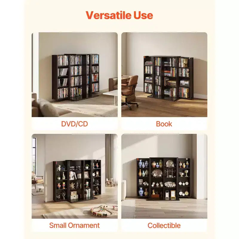 Meuble de rangement multimédia VEVOR, étagère à DVD 4 niveaux, organisateur de rangement multimédia de 61 x 36,8 x 84,6 cm pour CD, DVD, livres, jeux, marron